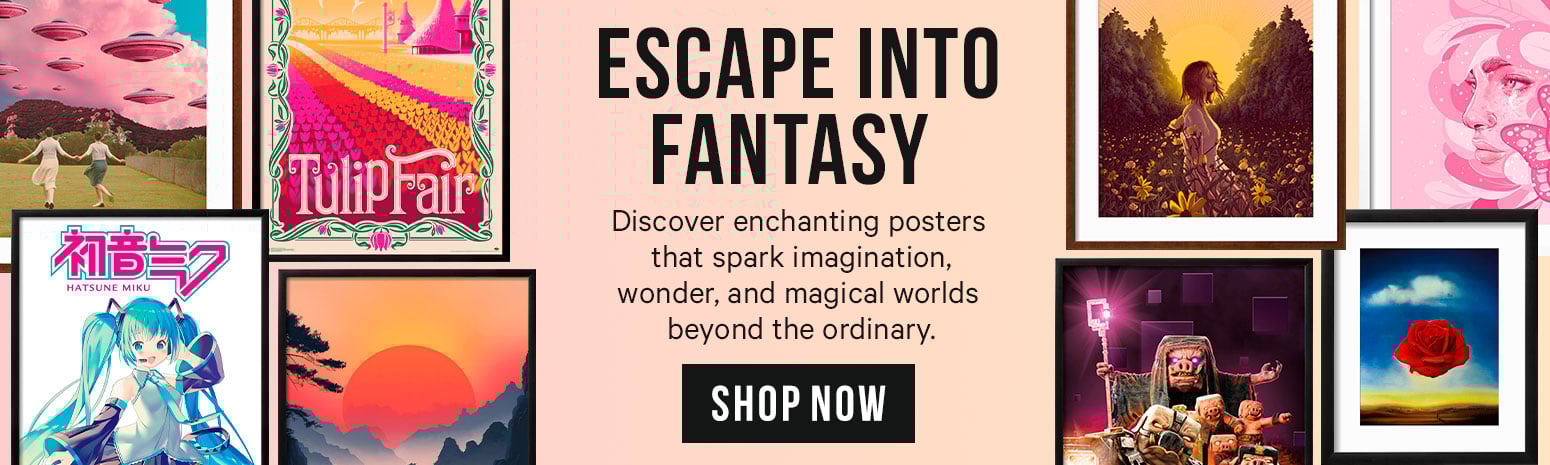 Escape into Fantasy banner featuring fantasy art inspired designs
