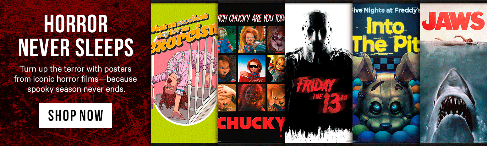 Hero Banner - Horror Never Sleeps featuring a variety of designs - Shop all Horror
